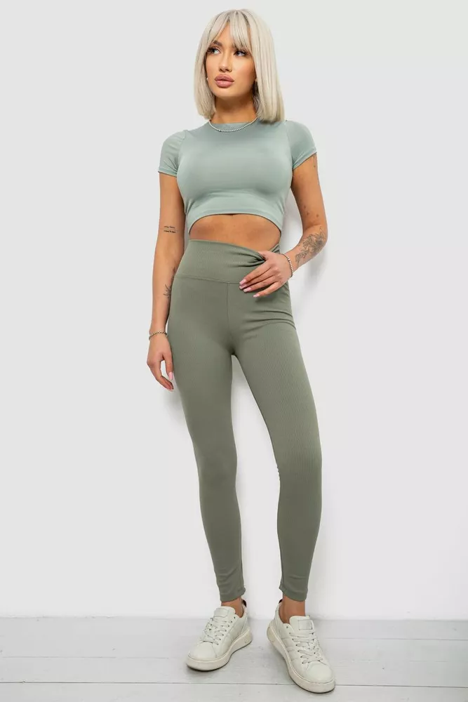 Купить Лосины женские однотонные в рубчик, цвет оливковый, 214R0009 оптом - Фото №2