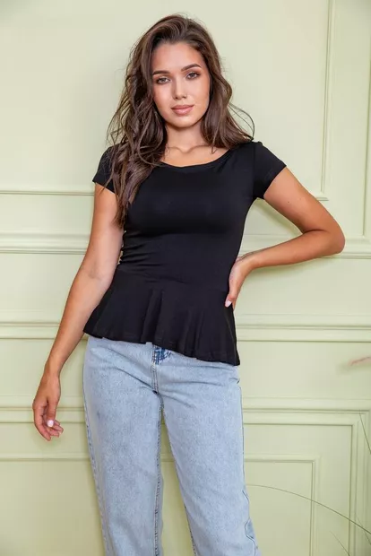 Летняя блуза с рюшей, черного цвета, 167R224
