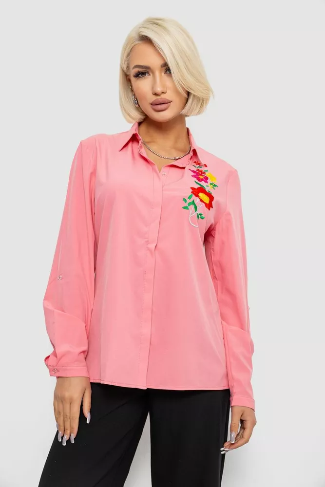 Купити Сорочка жіноча класична з аплікацією, колір рожевий, 230R014-2 оптом - Фото №1