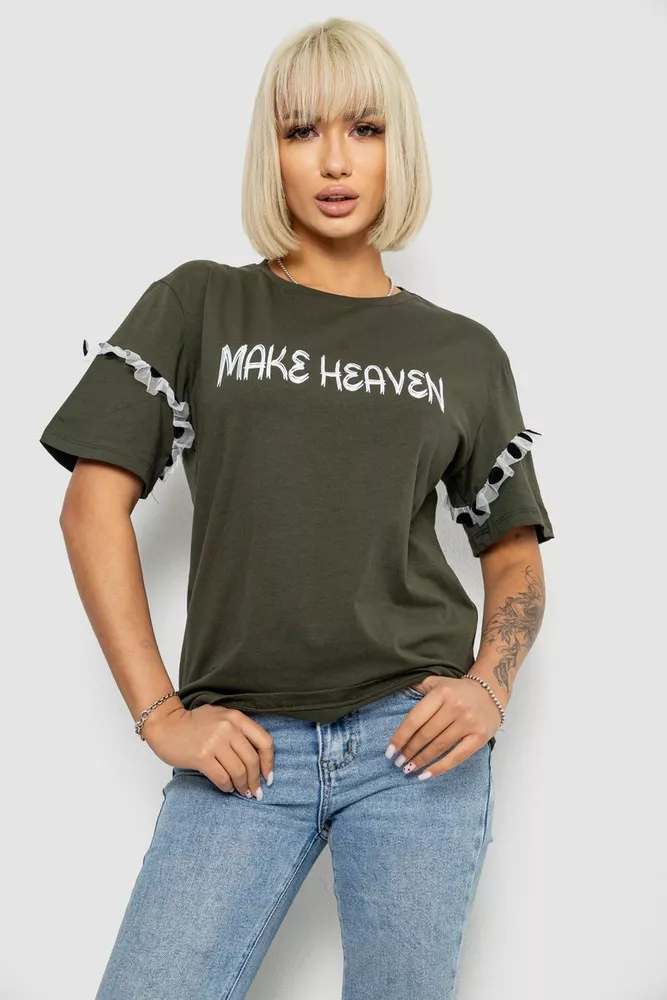 Купити Футболка жіноча з принтом, колір хакі, 244R2351 - Фото №1