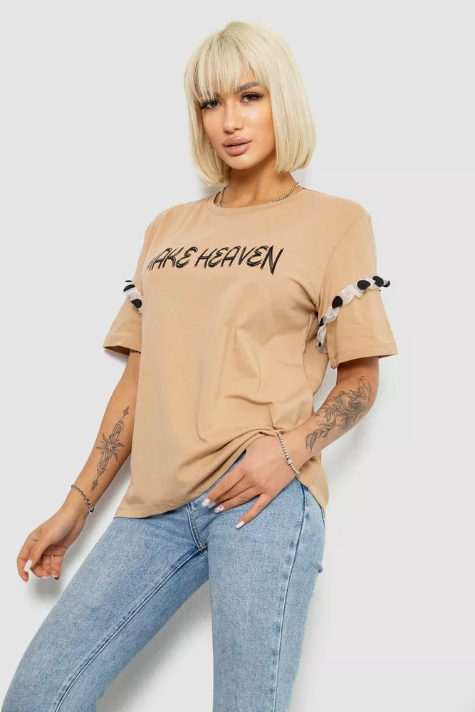 Купить Футболка женская с принтом, цвет бежевый, 244R2351 - Фото №3