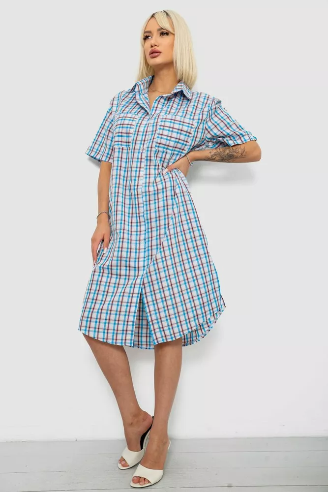 Купить Платье-рубашка женское в клетку, цвет голубой, 257R174 - Фото №3