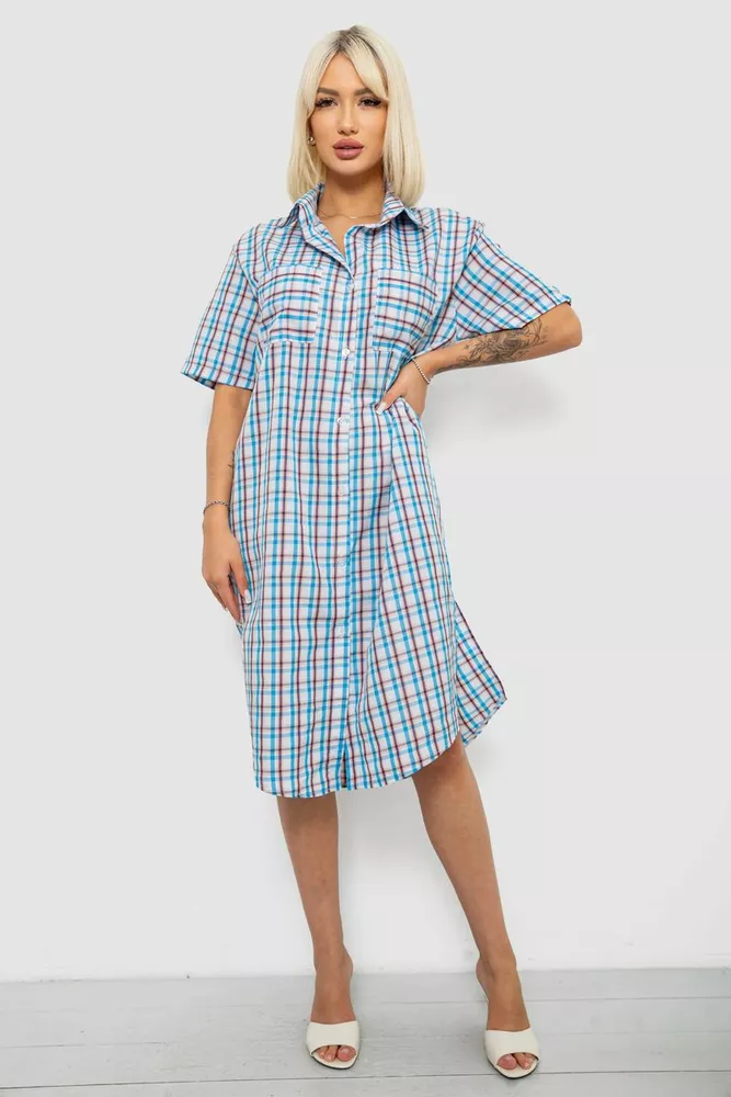 Купить Платье-рубашка женское в клетку, цвет голубой, 257R174 - Фото №1