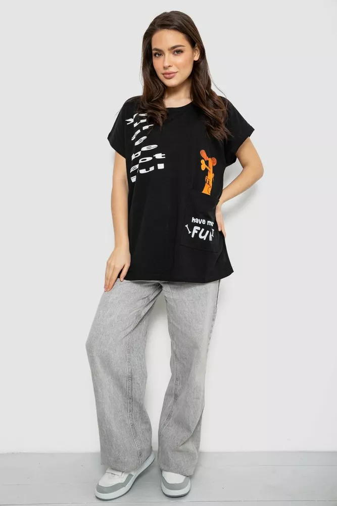 Купити Футболка жіноча з принтом, колір чорний, 244R3002 оптом - Фото №2