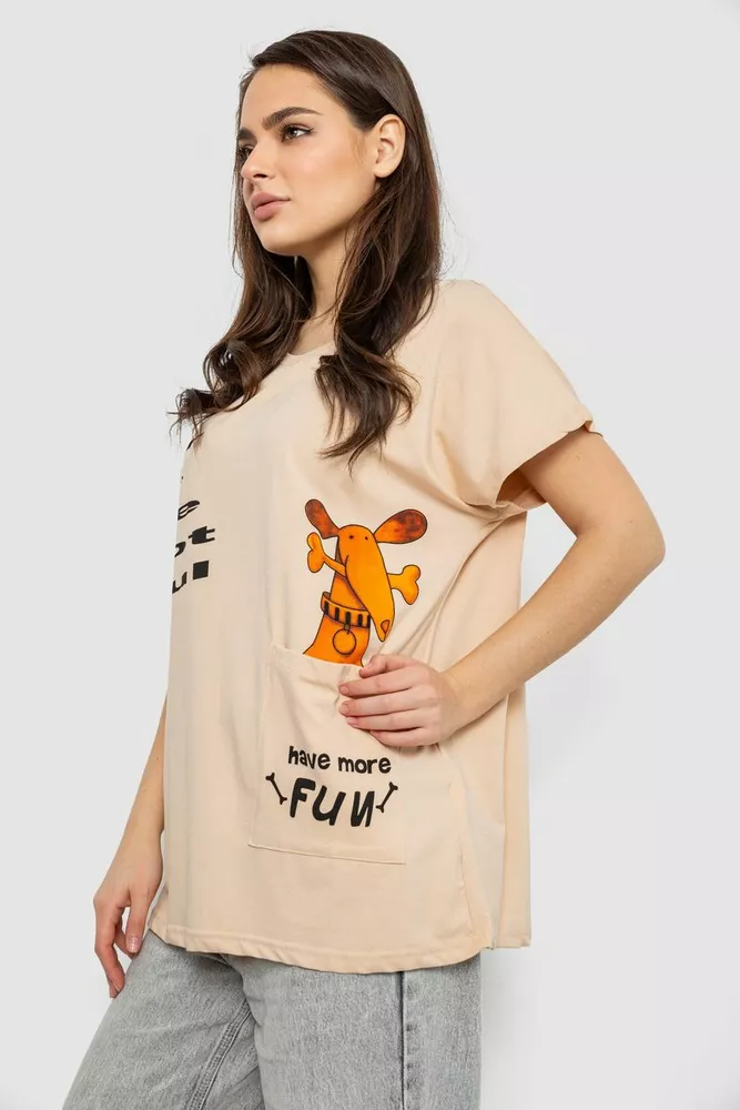 Купити Футболка жіноча з принтом, колір світло-бежевий, 244R3002 оптом - Фото №3