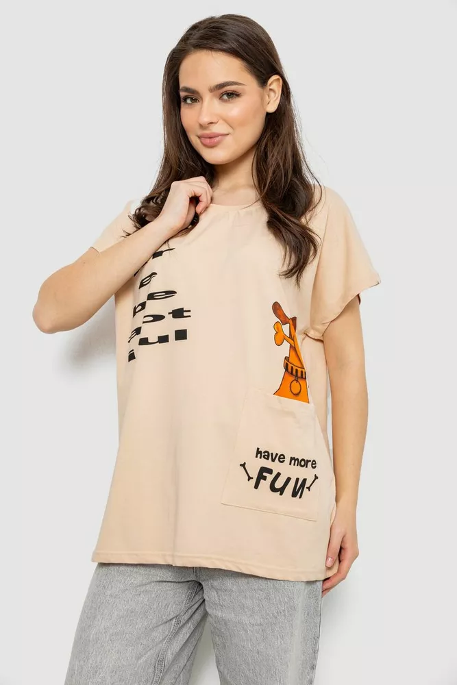 Купити Футболка жіноча з принтом, колір світло-бежевий, 244R3002 оптом - Фото №1