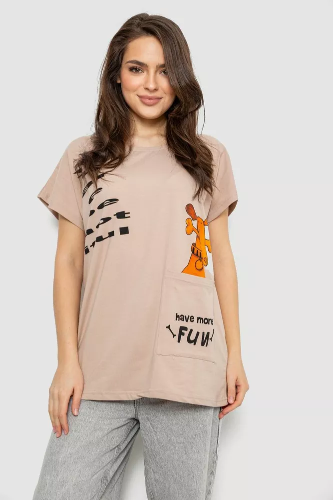 Купити Футболка жіноча з принтом, колір бежевий, 244R3002 оптом - Фото №1