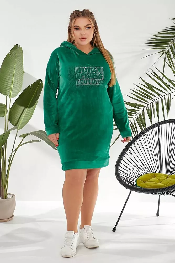 Купити Туніка жіноча однотонна велюрова, колір зелений, 257R338 - Фото №3