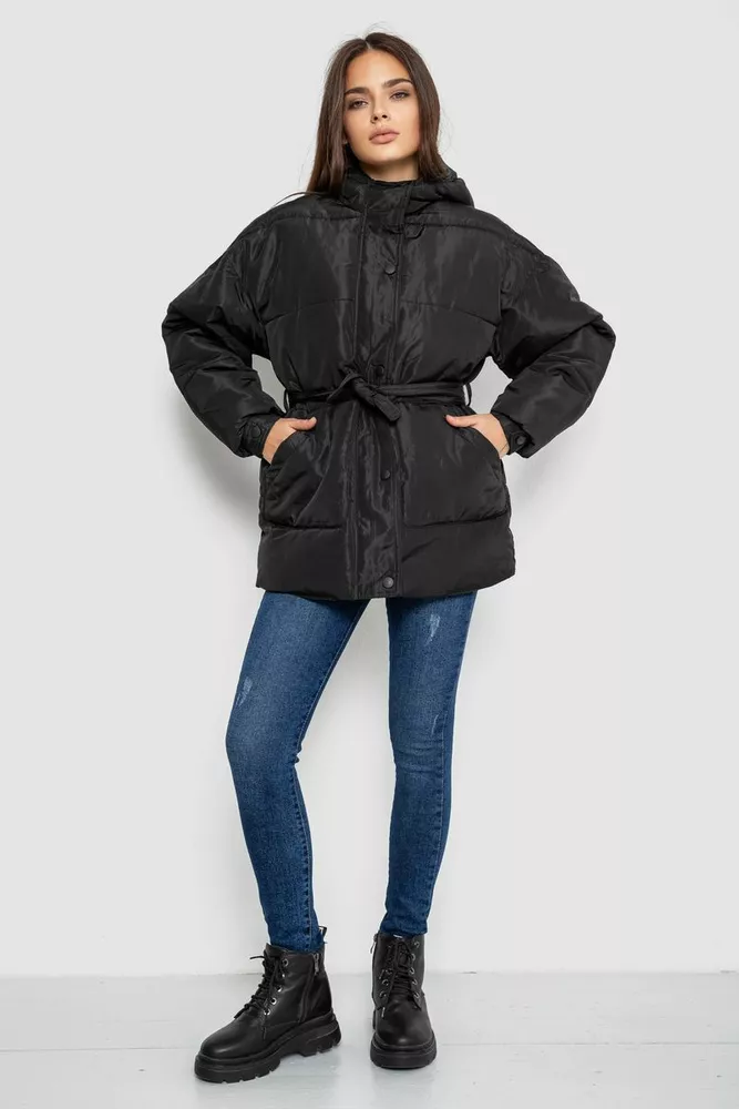 Купити Куртка жіноча демісезонна з поясом  -уцінка, колір чорний, 207R005-U-6 - Фото №2