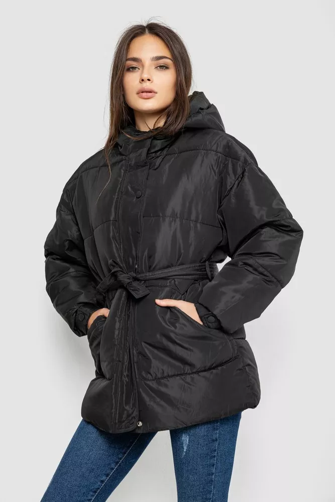 Купити Куртка жіноча демісезонна з поясом  -уцінка, колір чорний, 207R005-U-6 - Фото №3