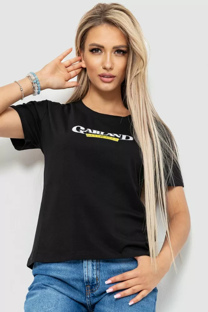 Купити Футболка жіноча з принтом, колір чорний, 221R3008-1 - Фото №1