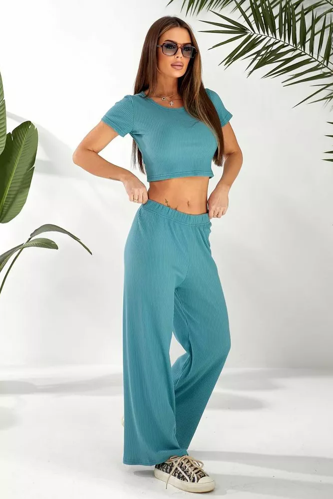 Купить Костюм женский однотонный в рубчик, цвет оливковый, 257R7010 - Фото №3
