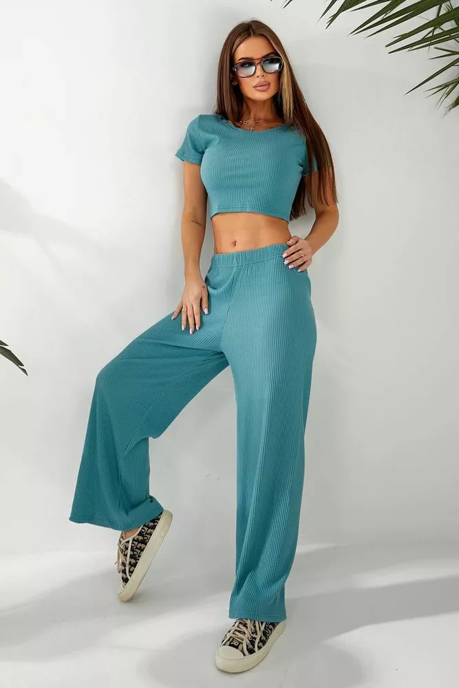 Купить Костюм женский однотонный в рубчик, цвет оливковый, 257R7010 - Фото №7