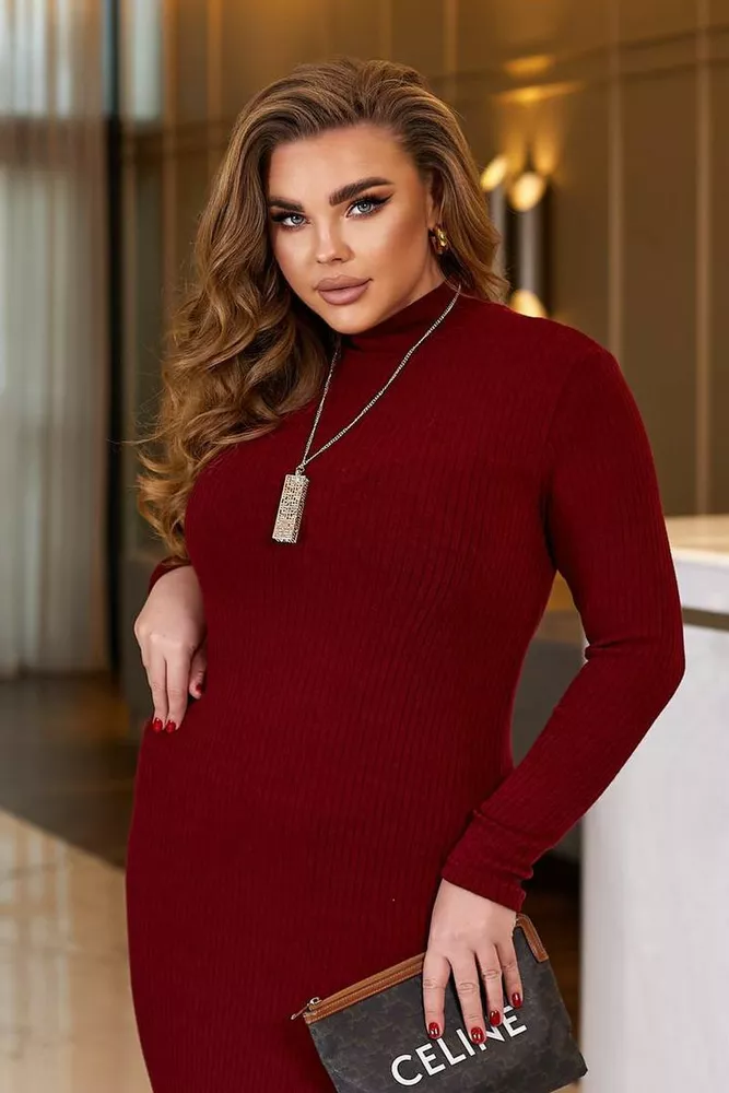 Купить Платье однотонное в рубчик, цвет бордовый, 257R701 - Фото №3