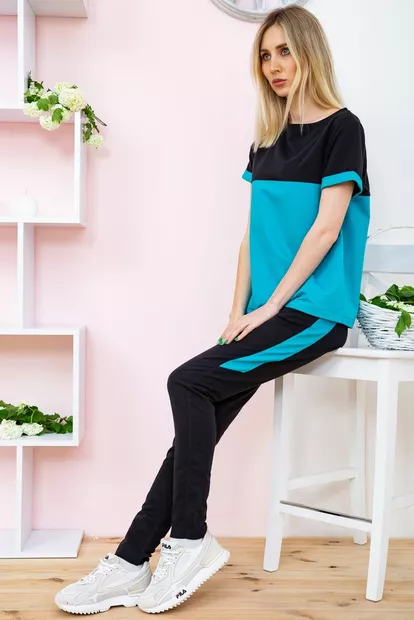 Костюм женский двухнитка футболка и штаны Черно-бирюзовый 102R184