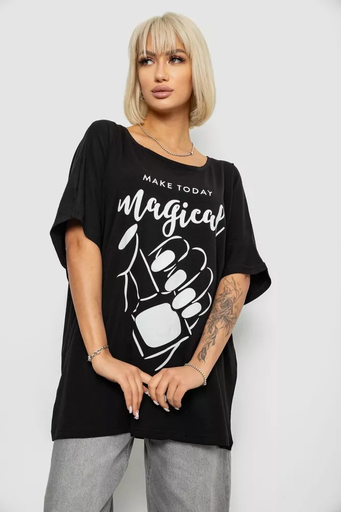 Купити Футболка жіноча з принтом, колір чорний, 244R6005-1 - Фото №1