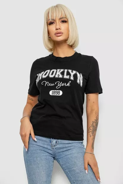 Жіноча футболка з принтом, колір чорний, 241R137