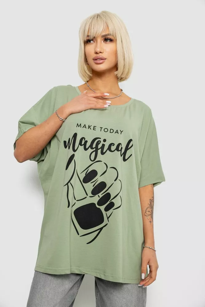 Купити Футболка жіноча з принтом, колір оливковий, 244R6005-1 - Фото №1