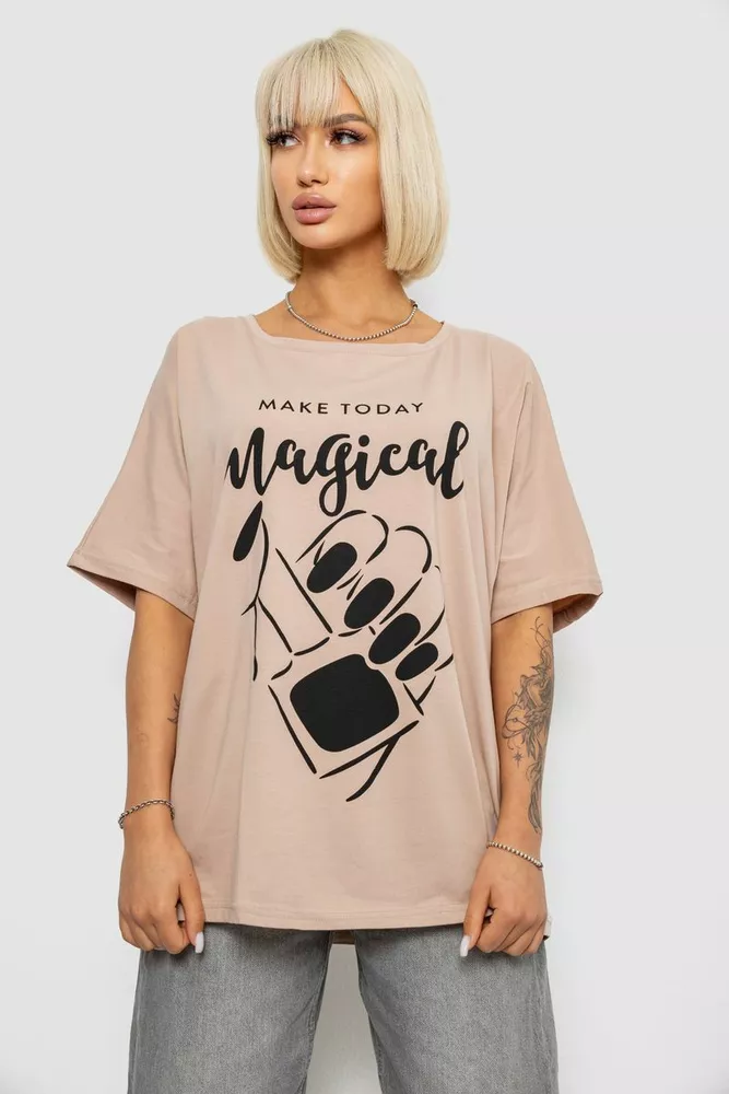 Купити Футболка жіноча з принтом, колір бежевий, 244R6005-1 - Фото №1