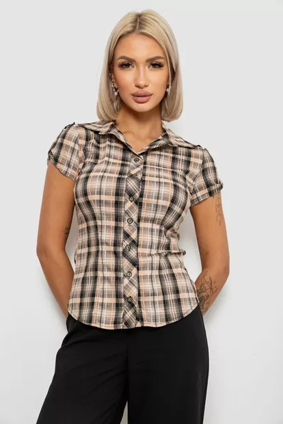 Рубашка женская в клетку повседневная, цвет бежево-черный, 230R062