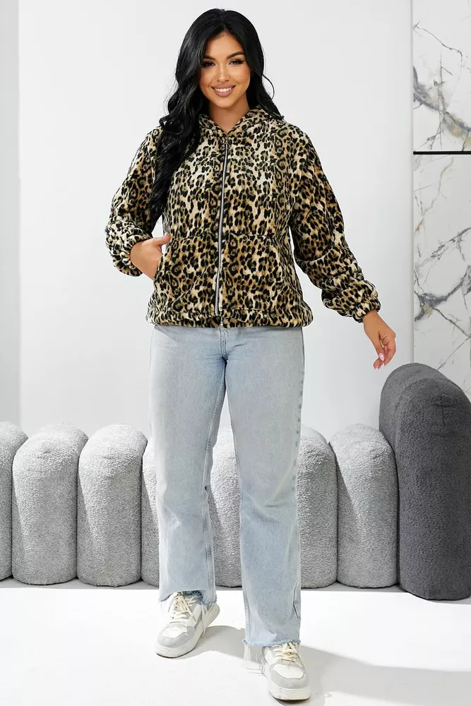 Купить Бомбер женский c капюшоном  -уценка, цвет леопардовый, 257R48-U-1 - Фото №2
