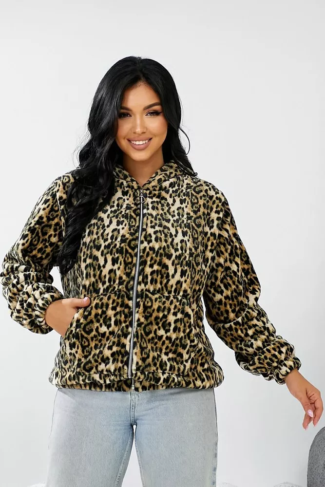 Купить Бомбер женский c капюшоном  -уценка, цвет леопардовый, 257R48-U-1 - Фото №3