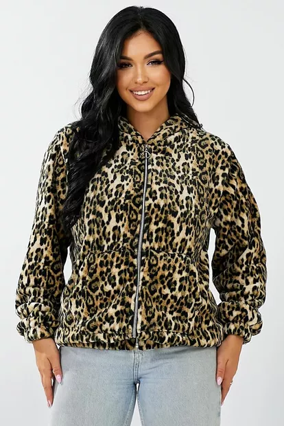 Бомбер женский c капюшоном  -уценка, цвет леопардовый, 257R48-U-1