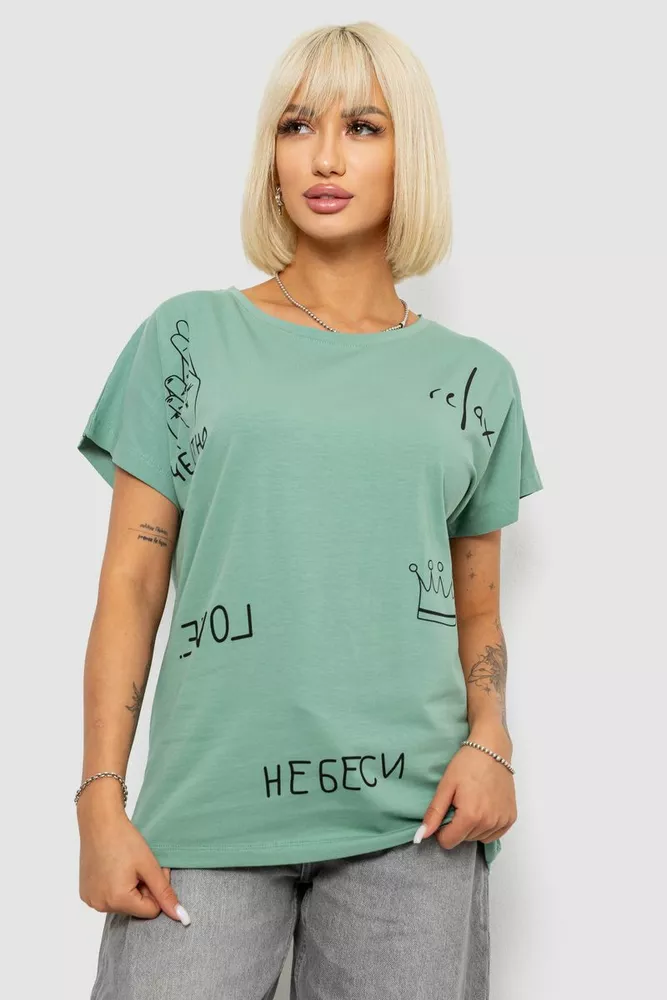 Купить Футболка женская с принтом, цвет оливковый, 244R2316-5 - Фото №1