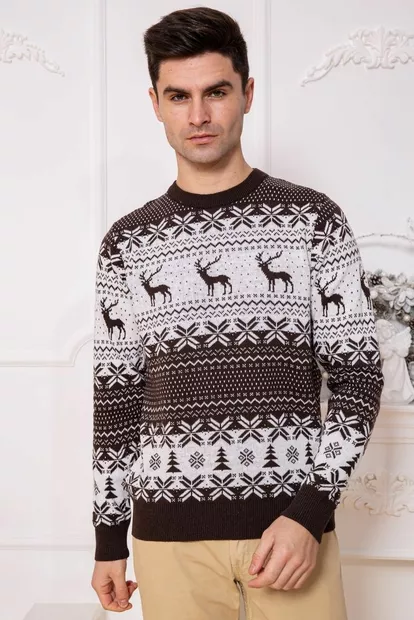 Свитер мужской с оленями, цвет шоколадный, 161R712