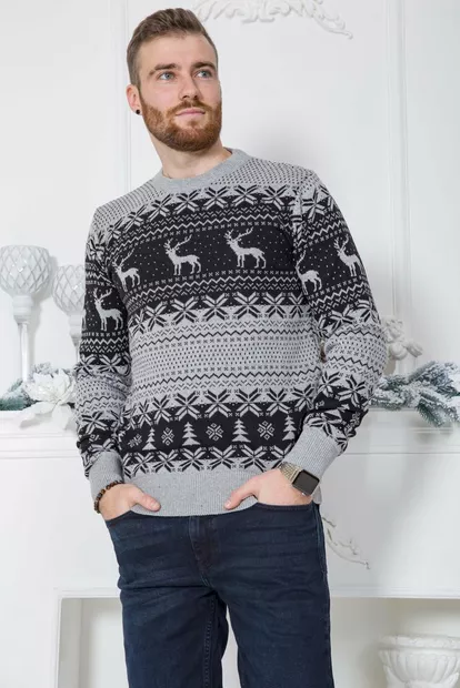 Свитер мужской с оленями, цвет серо-черный, 161R712