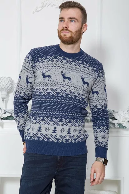 Свитер мужской с оленями, цвет сине-серый, 161R712