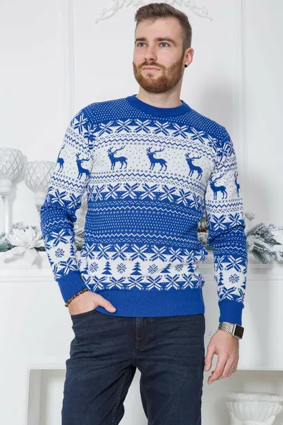 Свитер мужской с оленями, цвет электрик, 161R712