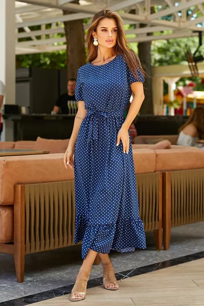 Платье женское в горошек софт, цвет синий, 257R8070