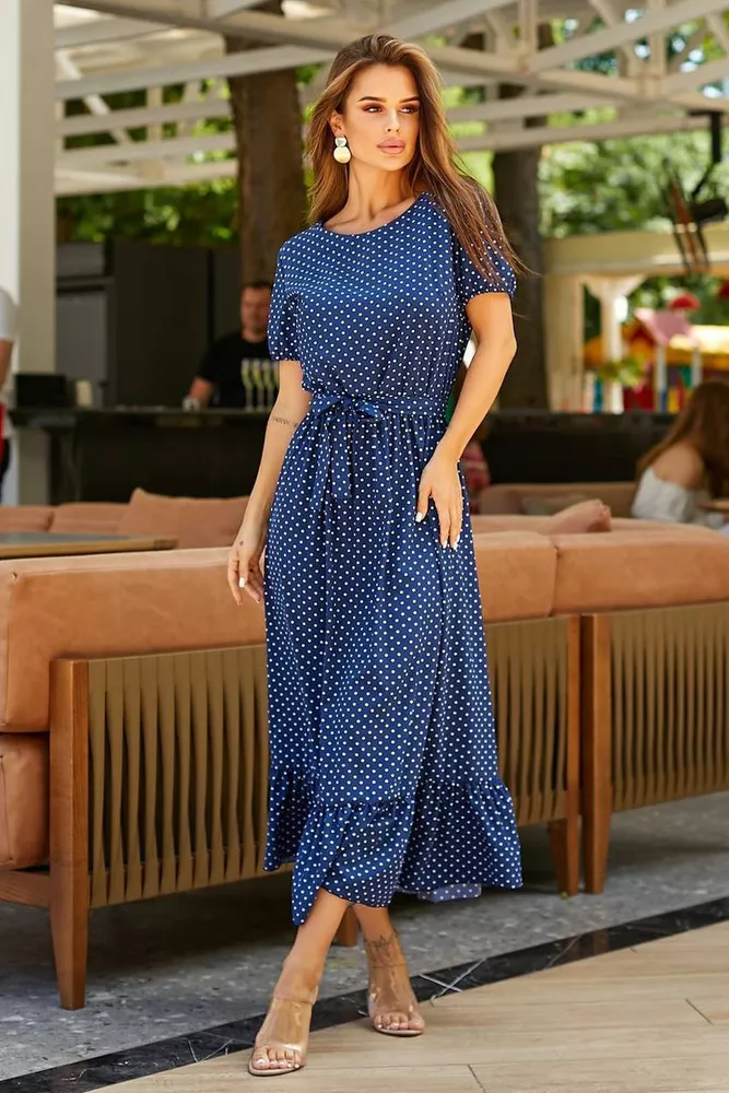 Купить Платье женское в горошек софт, цвет синий, 257R8070 - Фото №1