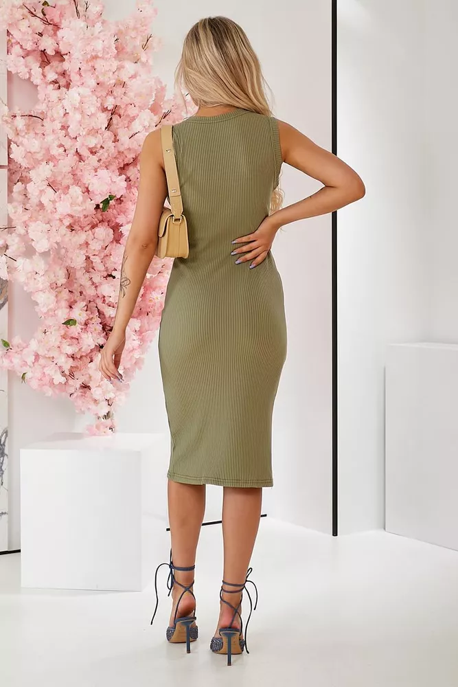 Купить Платье однотонное в рубчик, цвет оливковый, 257R707 - Фото №3