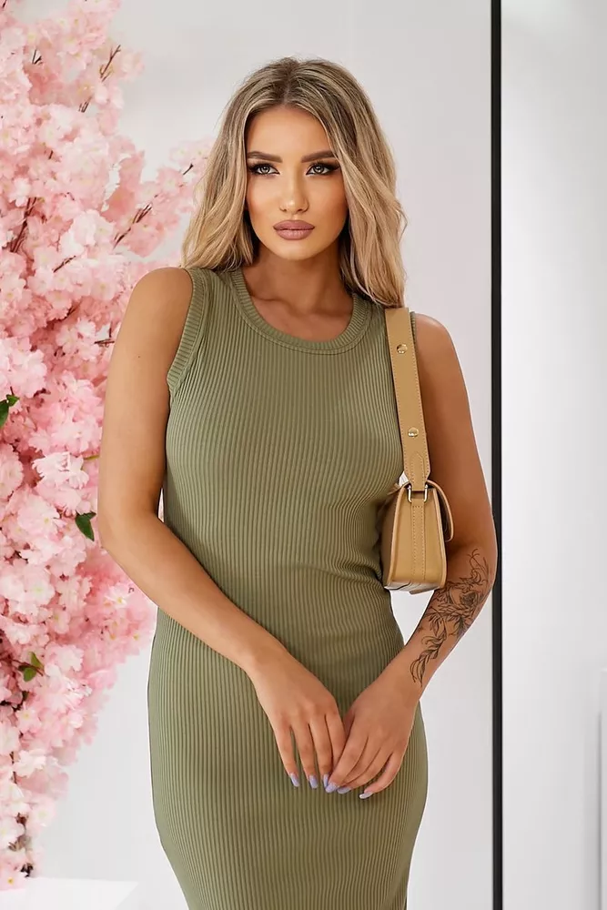 Купить Платье однотонное в рубчик, цвет оливковый, 257R707 - Фото №4