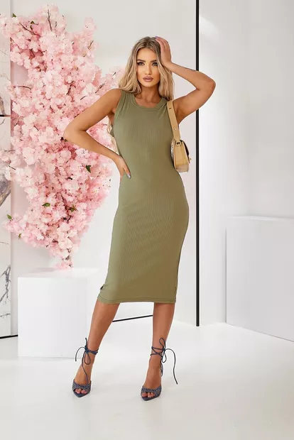 Платье однотонное в рубчик, цвет оливковый, 257R707