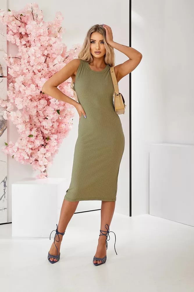 Купить Платье однотонное в рубчик, цвет оливковый, 257R707 - Фото №1