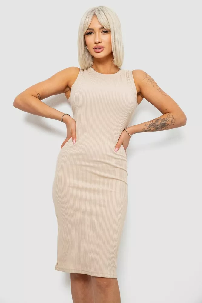 Купити Сукня однотонна в рубчик, колір бежевий, 257R707 - Фото №1