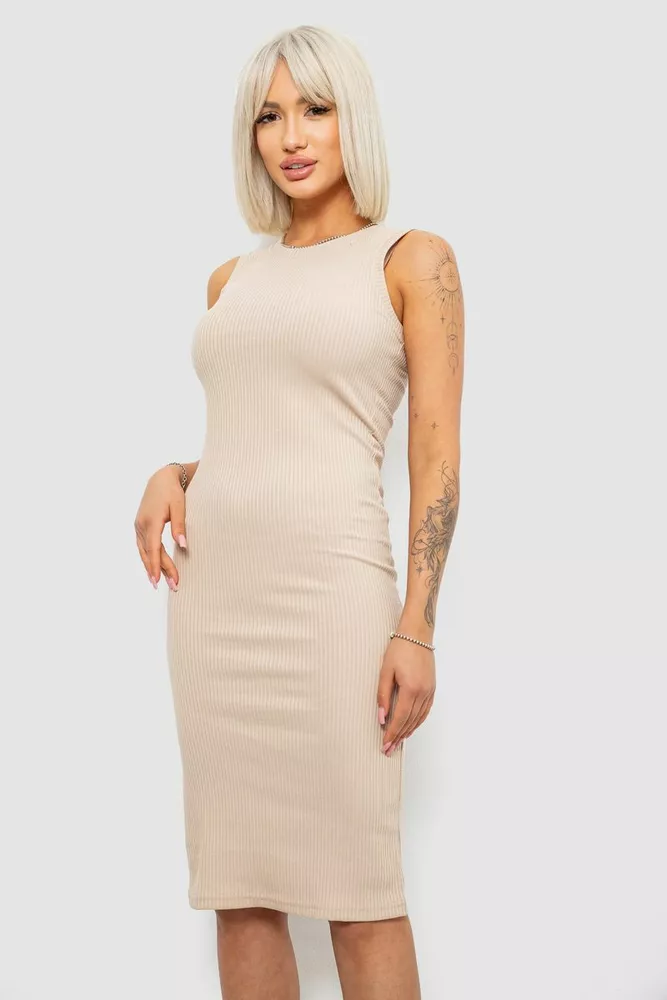 Купити Сукня однотонна в рубчик, колір бежевий, 257R707 - Фото №3