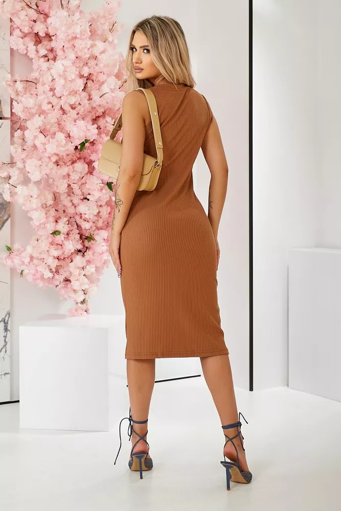 Купить Платье однотонное в рубчик, цвет коричневый, 257R707 - Фото №4