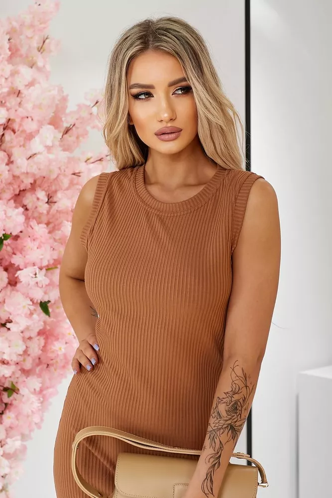 Купить Платье однотонное в рубчик, цвет коричневый, 257R707 - Фото №5