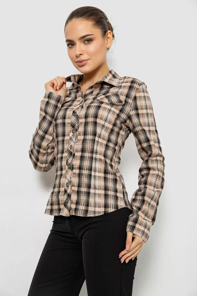 Купить Рубашка женская в клетку, цвет бежево-серый, 230R064-1 - Фото №3