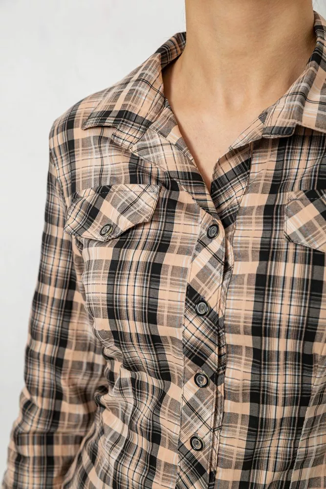 Купить Рубашка женская в клетку, цвет бежево-серый, 230R064-1 - Фото №5