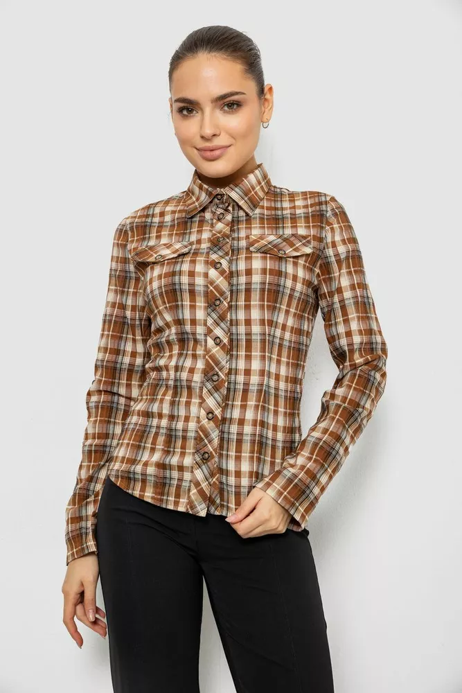 Купить Рубашка женская в клетку, цвет темно-бежевый, 230R064-1 - Фото №1
