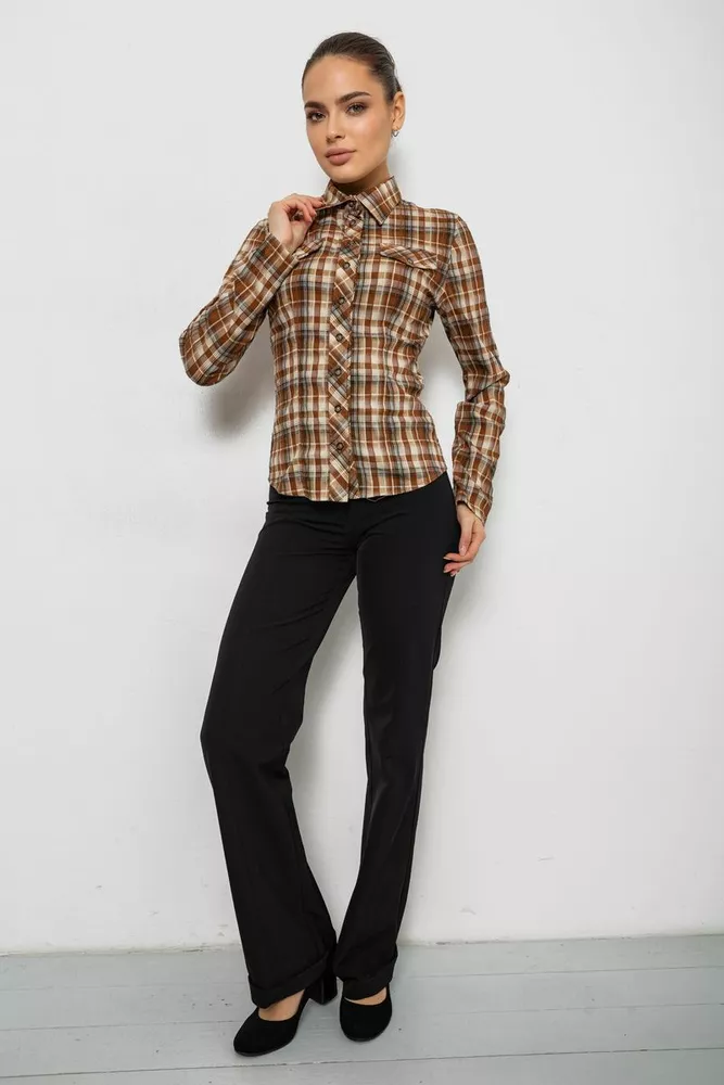 Купить Рубашка женская в клетку, цвет темно-бежевый, 230R064-1 - Фото №2