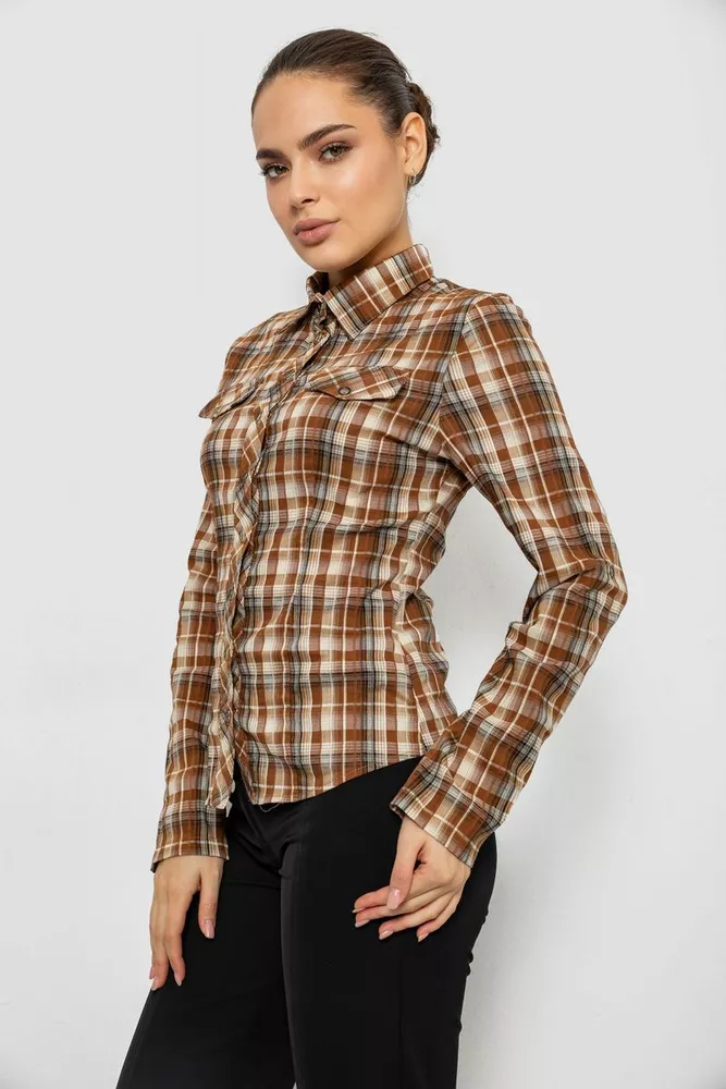 Купить Рубашка женская в клетку, цвет темно-бежевый, 230R064-1 - Фото №3