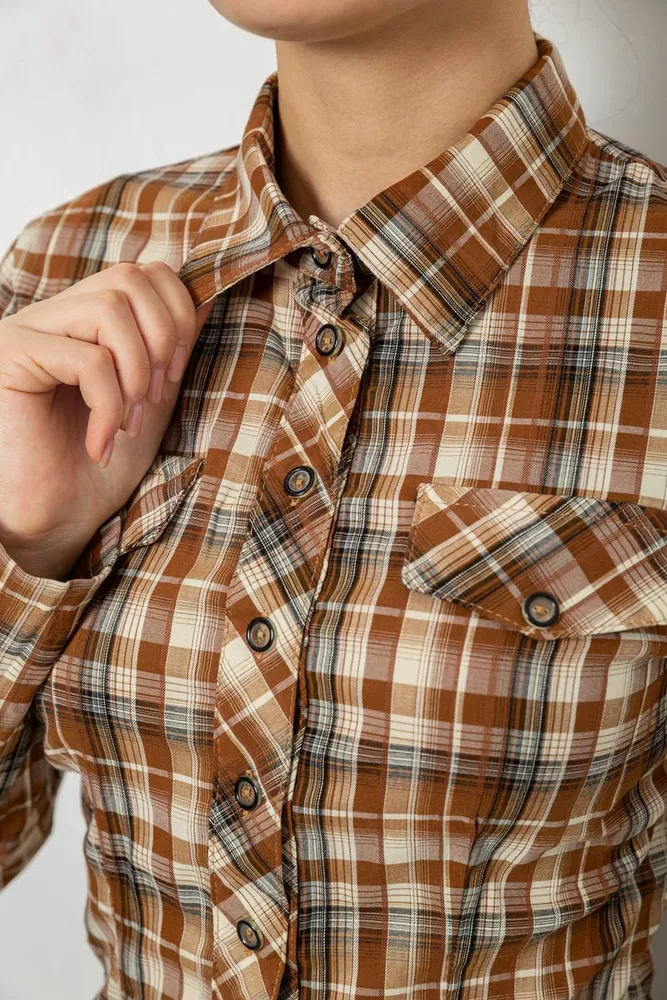 Купить Рубашка женская в клетку, цвет темно-бежевый, 230R064-1 - Фото №5