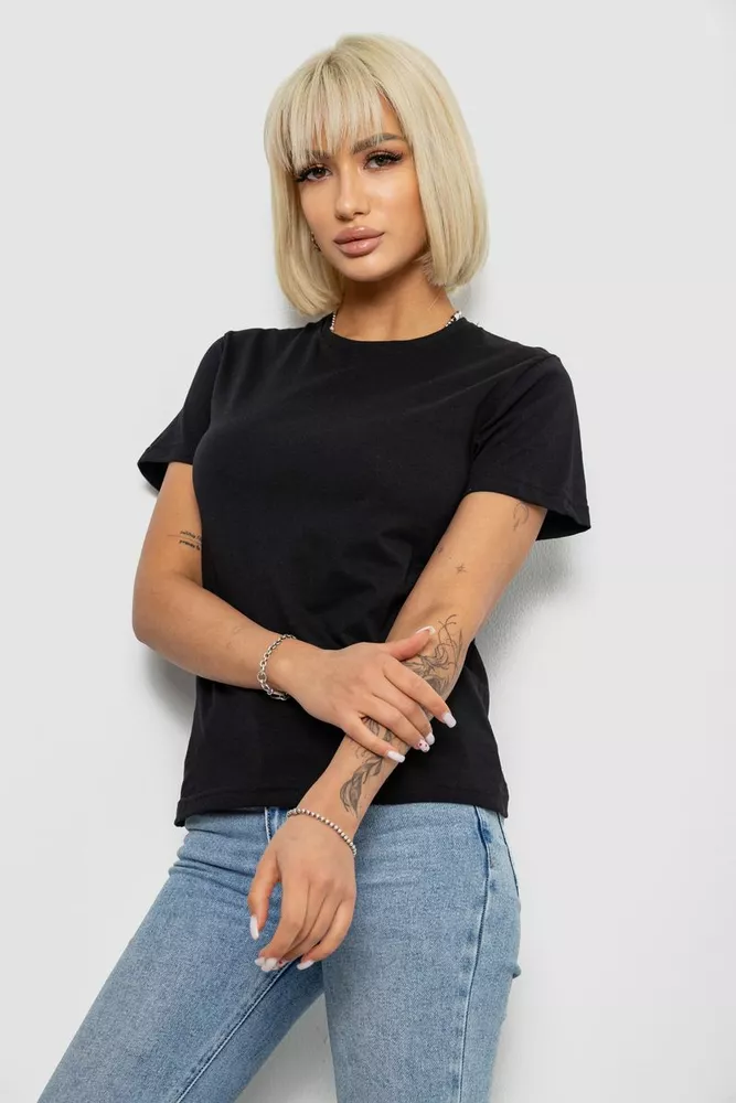 Купити Футболка жіноча однотонна, колір чорний, 129R8900 - Фото №3
