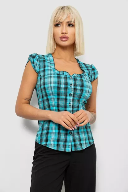 Блуза в клетку, цвет бирюзовый, 230R2502